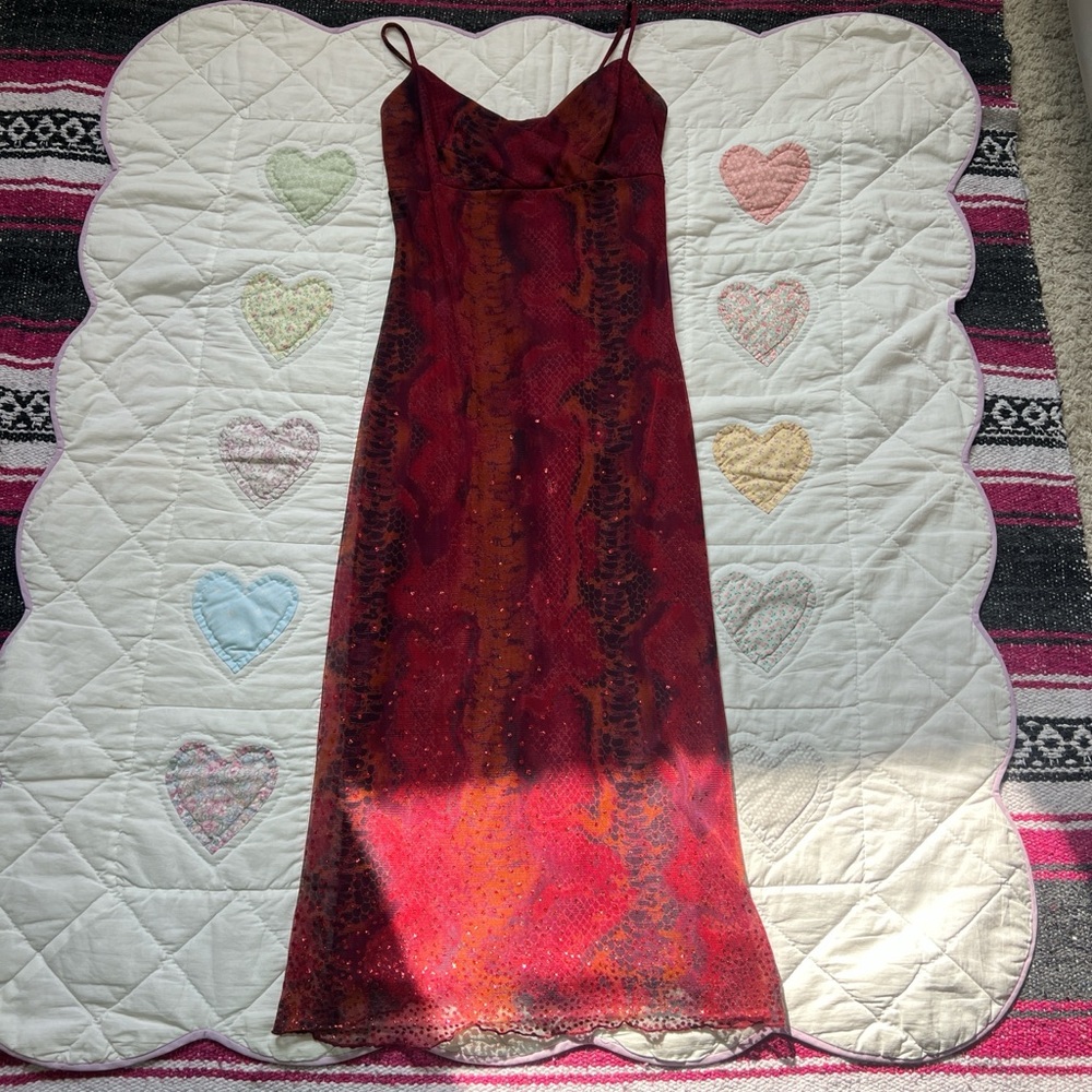 Bonkers Y2K Fairy Core Snakeskin Dark Romance Red Orange Midi Sequin Dress Small